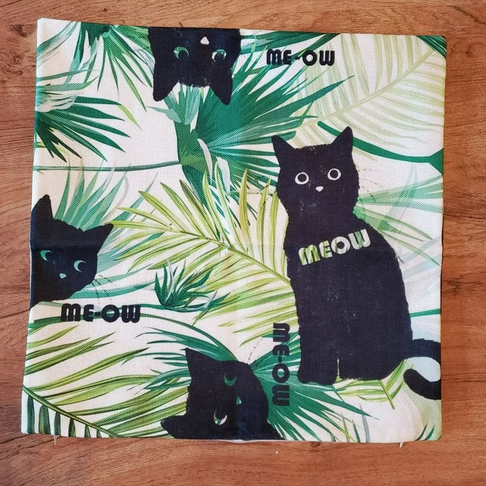 Decorative Pillow Cover, Black Cats in Ferns, Meow, Cat Lady, Canvas 18